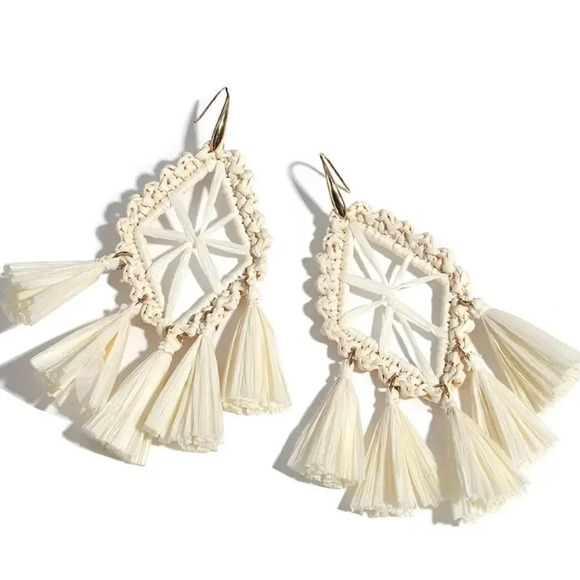 Amalfi Bohemian Beaded Rattan Cream Earrings - Picture 1 of 6